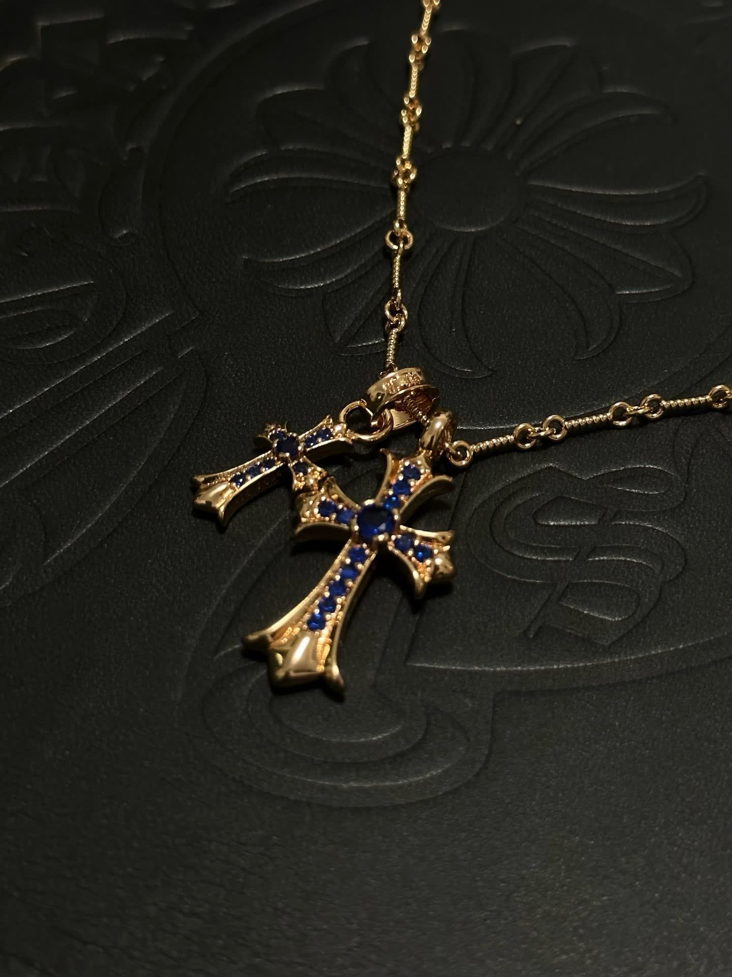 Chrome Hearts Carrera Gold-Tone Blue Crystal Cross Pendant Necklace